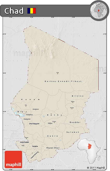 Shaded Relief Map of Chad, lighten, desaturated