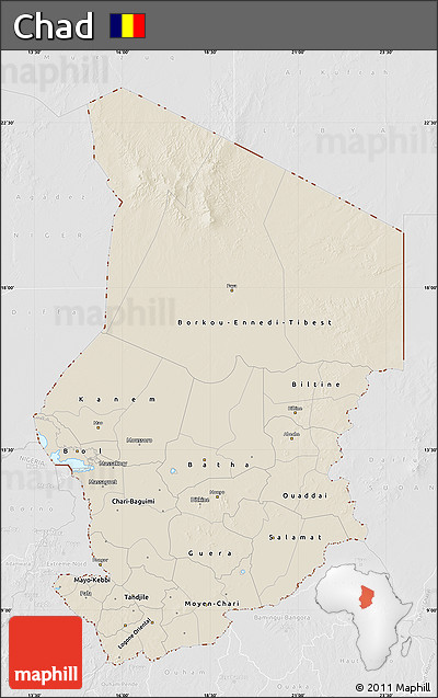 Shaded Relief Map of Chad, lighten, desaturated