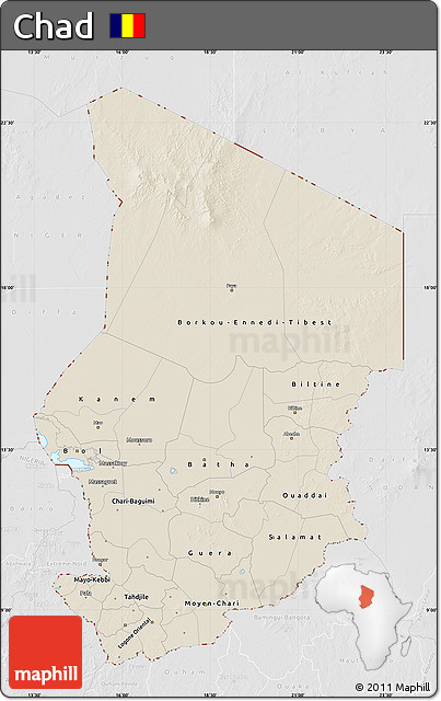 Shaded Relief Map of Chad, lighten, desaturated
