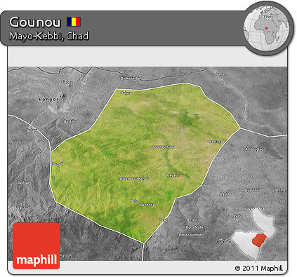 Satellite 3D Map of Gounou, desaturated