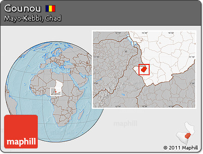 Gray Location Map of Gounou, highlighted country, hill shading