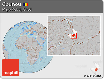 Gray Location Map of Gounou, highlighted parent region, hill shading
