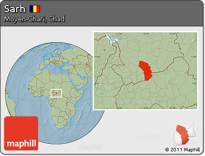 Savanna Style Location Map of Sarh, hill shading