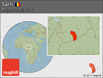 Savanna Style Location Map of Sarh, hill shading