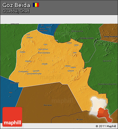 Political 3D Map of Goz Beida, darken