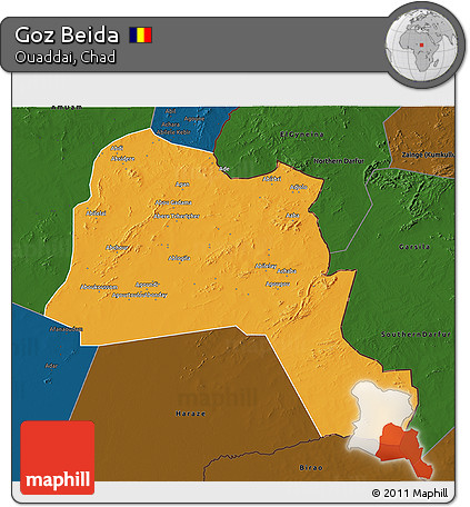 Political 3D Map of Goz Beida, darken