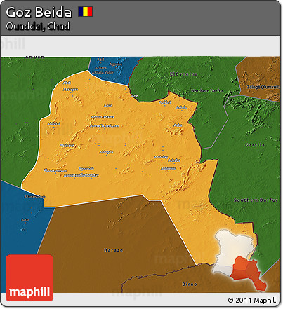Political 3D Map of Goz Beida, darken