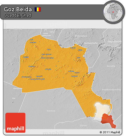 Political 3D Map of Goz Beida, lighten, desaturated