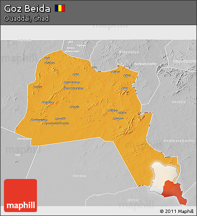 Political 3D Map of Goz Beida, lighten, desaturated