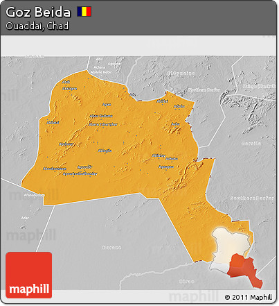 Political 3D Map of Goz Beida, lighten, desaturated