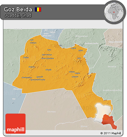 Political 3D Map of Goz Beida, lighten, semi-desaturated