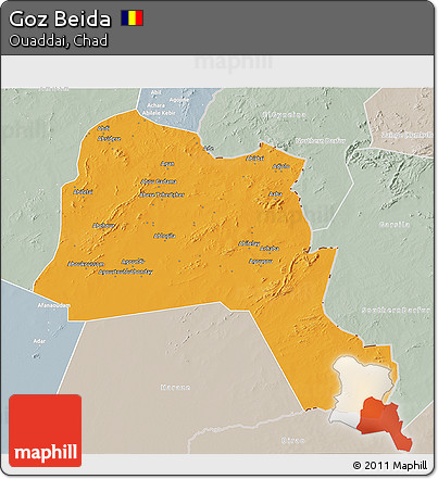 Political 3D Map of Goz Beida, lighten, semi-desaturated