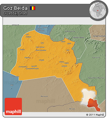 Political 3D Map of Goz Beida, semi-desaturated