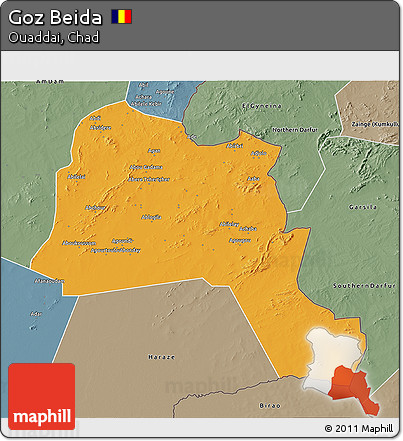 Political 3D Map of Goz Beida, semi-desaturated