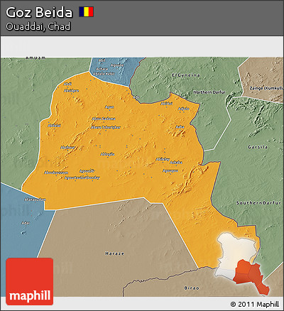 Political 3D Map of Goz Beida, semi-desaturated