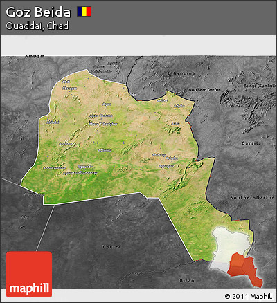 Satellite 3D Map of Goz Beida, darken, desaturated