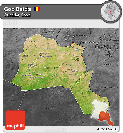 Satellite 3D Map of Goz Beida, darken, desaturated