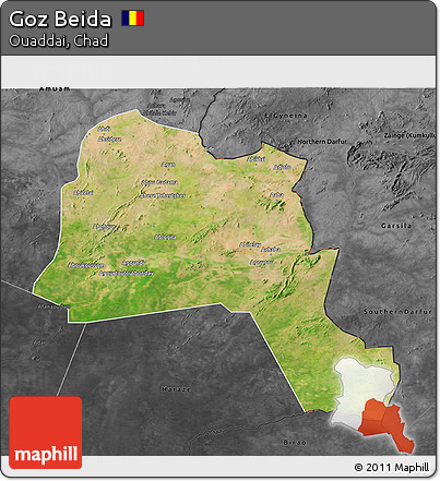 Satellite 3D Map of Goz Beida, darken, desaturated
