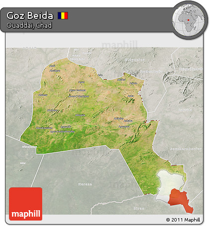 Satellite 3D Map of Goz Beida, lighten, semi-desaturated