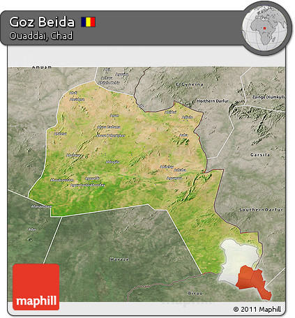 Satellite 3D Map of Goz Beida, semi-desaturated