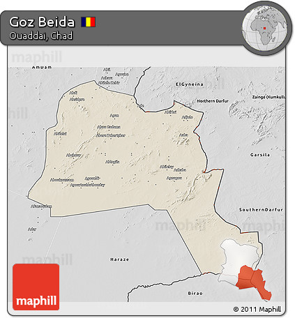 Shaded Relief 3D Map of Goz Beida, desaturated
