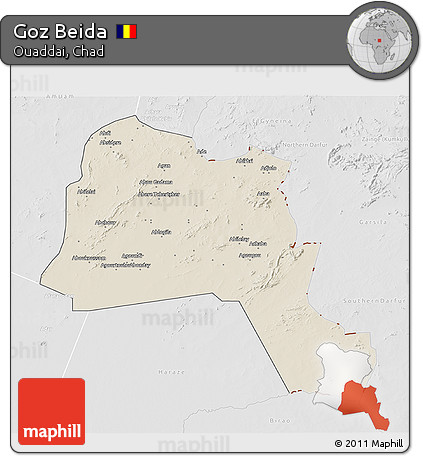 Shaded Relief 3D Map of Goz Beida, lighten, desaturated