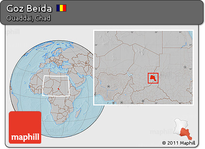 Gray Location Map of Goz Beida, within the entire country, hill shading