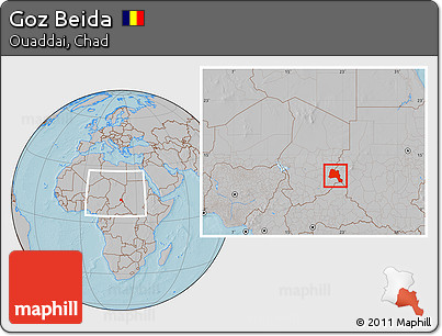 Gray Location Map of Goz Beida, within the entire country, hill shading
