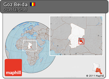 Gray Location Map of Goz Beida, highlighted country, highlighted parent region, within the entire country, hill shading