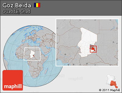 Gray Location Map of Goz Beida, highlighted country, highlighted parent region, within the entire country, hill shading