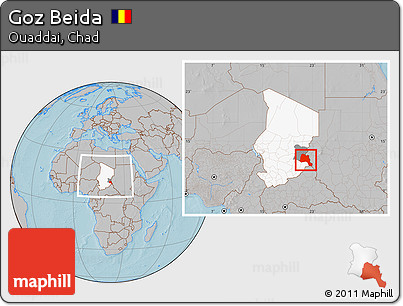 Gray Location Map of Goz Beida, highlighted country, highlighted parent region, within the entire country, hill shading
