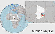 Gray Location Map of Goz Beida, highlighted country, highlighted parent region, within the entire country, hill shading