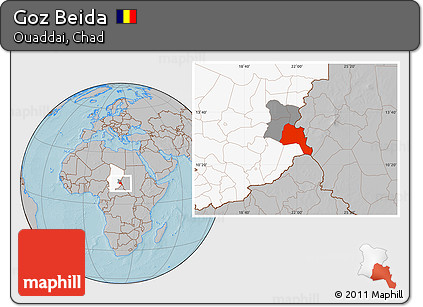 Gray Location Map of Goz Beida, highlighted country, highlighted parent region, hill shading