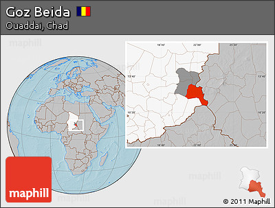 Gray Location Map of Goz Beida, highlighted country, highlighted parent region, hill shading