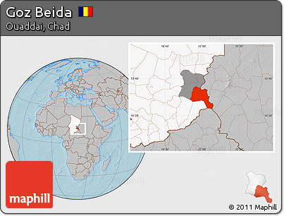 Gray Location Map of Goz Beida, highlighted country, highlighted parent region, hill shading