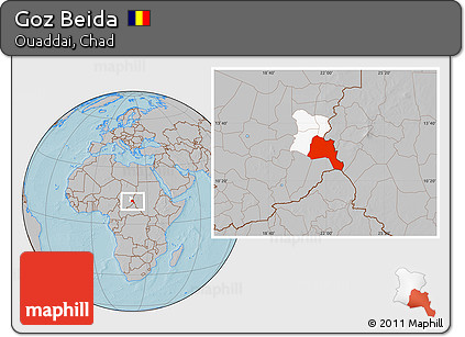 Gray Location Map of Goz Beida, highlighted parent region, hill shading