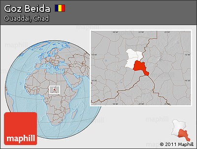 Gray Location Map of Goz Beida, highlighted parent region, hill shading