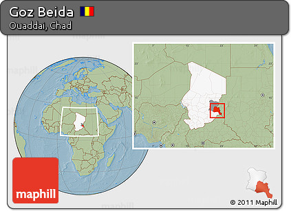 Savanna Style Location Map of Goz Beida, highlighted country, highlighted parent region, within the entire country, hill shading