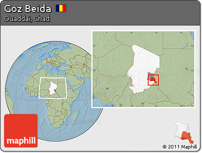 Savanna Style Location Map of Goz Beida, highlighted country, highlighted parent region, within the entire country, hill shading