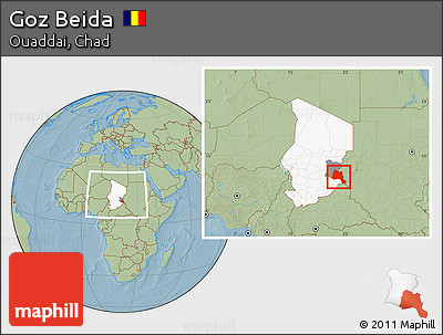 Savanna Style Location Map of Goz Beida, highlighted country, highlighted parent region, within the entire country, hill shading