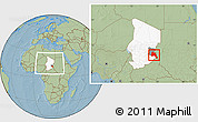Savanna Style Location Map of Goz Beida, highlighted country, highlighted parent region, within the entire country, hill shading