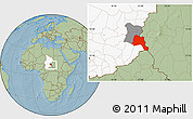 Savanna Style Location Map of Goz Beida, highlighted country, highlighted parent region, hill shading
