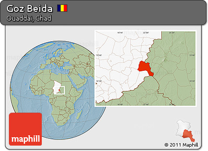 Savanna Style Location Map of Goz Beida, highlighted country, hill shading