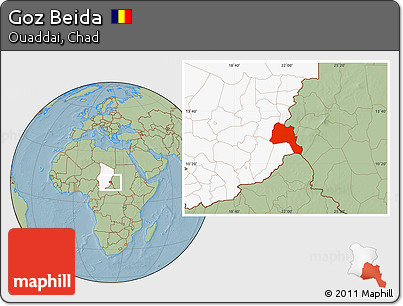 Savanna Style Location Map of Goz Beida, highlighted country, hill shading