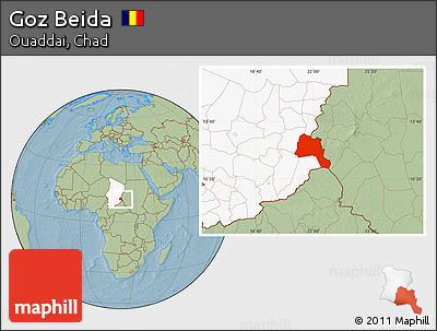 Savanna Style Location Map of Goz Beida, highlighted country, hill shading