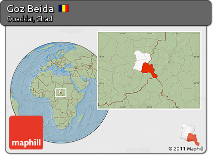 Savanna Style Location Map of Goz Beida, highlighted parent region, hill shading