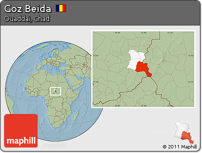Savanna Style Location Map of Goz Beida, highlighted parent region, hill shading