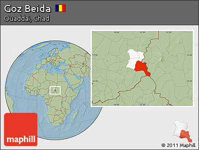 Savanna Style Location Map of Goz Beida, highlighted parent region, hill shading