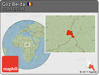Savanna Style Location Map of Goz Beida, hill shading
