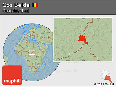 Savanna Style Location Map of Goz Beida, hill shading